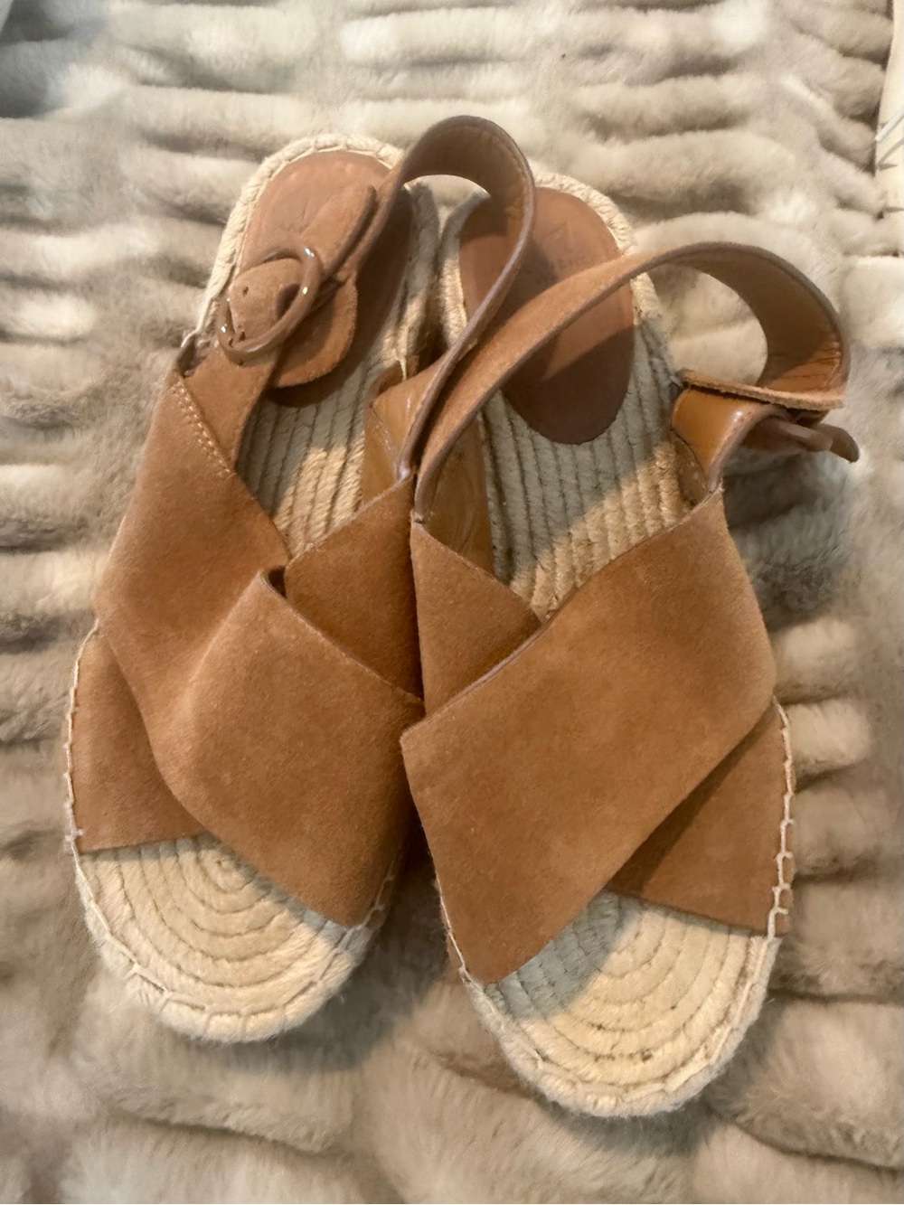Marc Fisher Suede Crisscross Espadrille Wedge Sandals in Tan